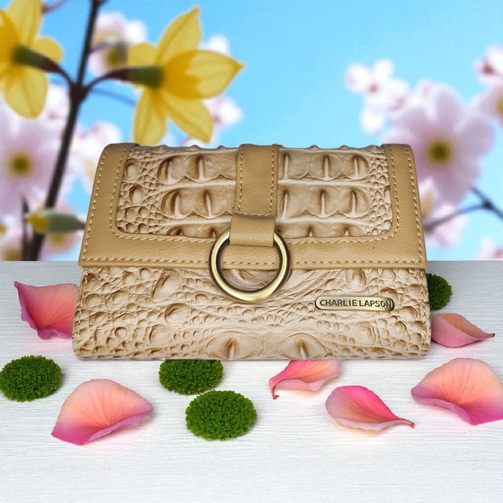 Tan Croc-Embossed Wallet with Metal Ring